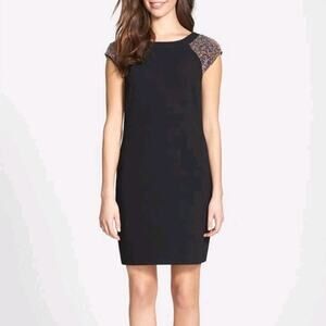 Trina Turk Nettle Sheath Dress Crepe Black Confetti Beaded Sequin Sleeve Event 2